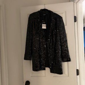 NWT Zara Double Breasted Long Black Sequin Blazer M Medium NEW!